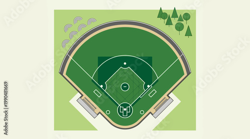 Vibrant overhead illustration showcasing a meticulously designed baseball field layout, complete with diamond, bases, and spectator areas, ideal for sports event graphics and recreational planning