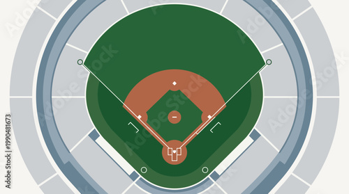 Detailed aerial graphic illustration of a baseball stadium's layout, presenting the green playing field, red infield diamond, and extensive spectator seating sections.