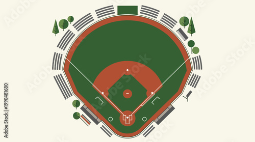 Top-down view of a classic baseball stadium with green field, red infield, and spectator stands. Flat design illustration depicting a sports arena for professional or amateur games