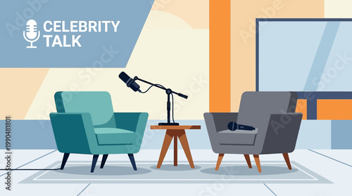Modern flat illustration depicting a cozy podcast or talk show studio, featuring two comfortable armchairs and professional microphones for engaging interviews and discussions