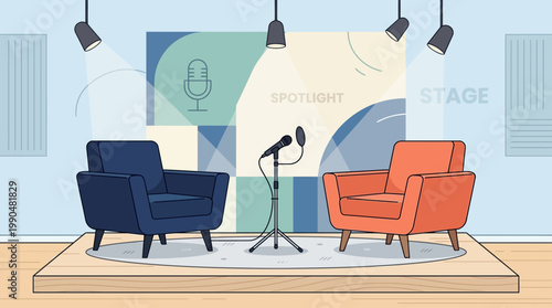 Modern Empty Broadcast Studio Set-up with Microphones and Armchairs Under Spotlights Ready for a Podcast Interview or Talk Show Session