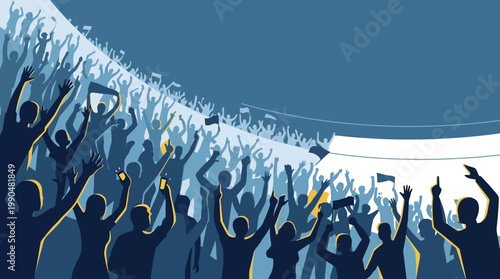Masses of people cheering and celebrating with hands raised high in a jubilant crowd at an event or concert