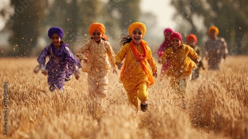 Commercial photograph of joyful Punjabi children ages 5-10 in full Bhangra costume running 