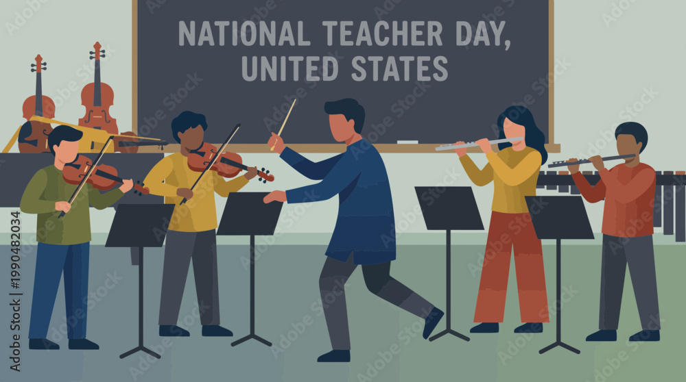 Fototapeta premium Music teacher conducting a student orchestra in classroom