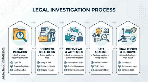 Comprehensive visual guide to the legal investigation process, detailing each critical step from initial case initiation to final report and outcome