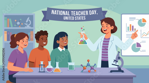 Science teacher instructing diverse students in a classroom setting