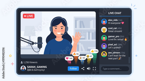 Young woman live streaming on a computer with chat and likes appearing on screen