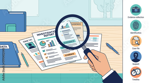 Forensic investigation and evidence analysis with magnifying glass over documents