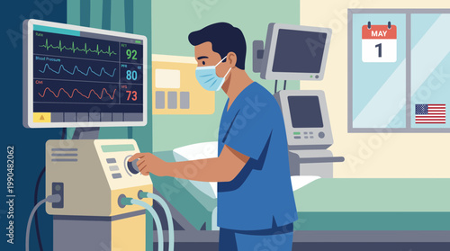Medical professional adjusting ventilator in hospital ward illustration
