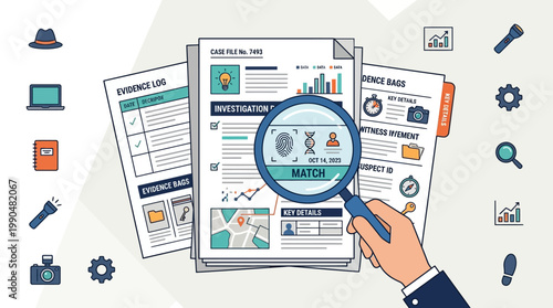 Thorough criminal investigation and forensic analysis concept with evidence documents, detective tools, and comprehensive data examination for legal proceedings