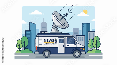 News broadcast satellite van on city street with buildings and trees, live reporting vehicle