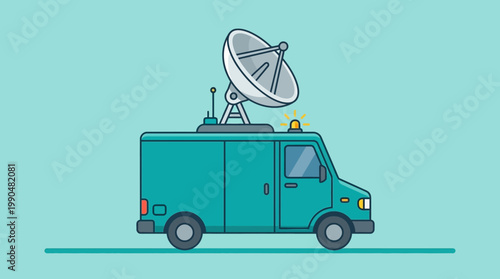 Modern mobile broadcasting van with satellite dish for live news coverage and remote communication illustration