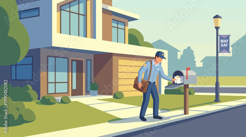 Mailman delivering letters to a modern suburban house illustration