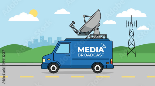 Mobile broadcast van with satellite dish and antenna tower on a road for media transmission