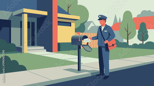Mailman Delivering Letter to Suburban House Mailbox