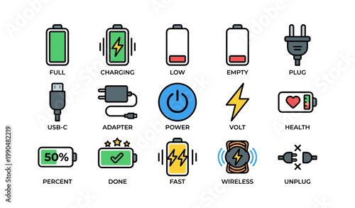 Battery and charging icons illustrating power status on white