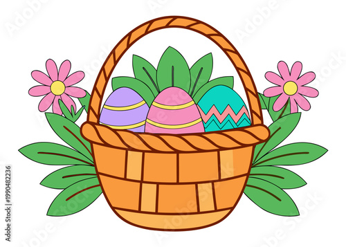 An orange woven Easter basket filled with three colorful decorated eggs and surrounded by large green leaves and two pink flowers on a white background.