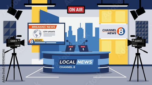 Television broadcasting studio for local news updates with cameras, microphones, and a news desk, ready for live reporting