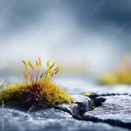 Macro view of moss growing on rock surface in a forest setting during daylight hours