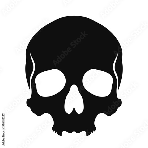 Minimalist human skull vector icon, black silhouette of a dead head, anatomical cranium symbol for gothic design and halloween graphics