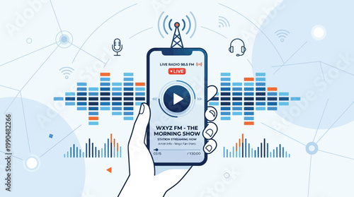 Radio broadcasting via mobile phone app and digital audio waveform, internet radio, live streaming concept illustration