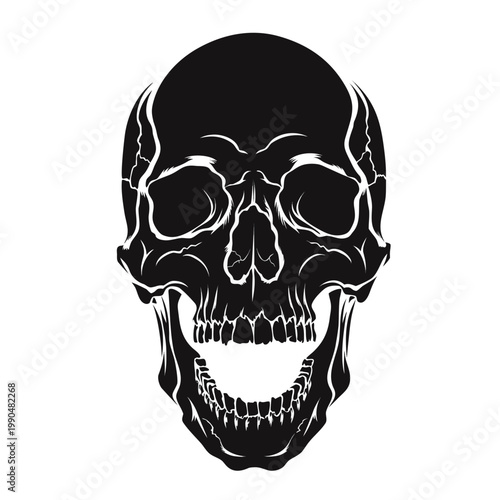 Gothic black skull vector illustration, screaming human cranium with open jaw, dark anatomical head silhouette for heavy metal posters and apparel