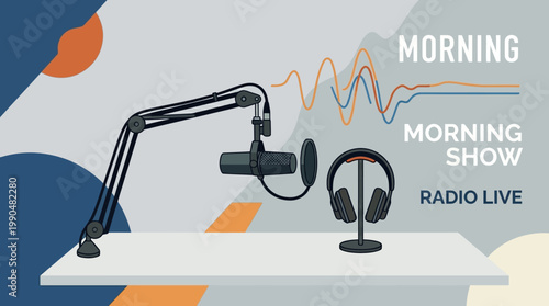 Professional broadcasting studio setup with microphone, headphones, and sound waves, ideal for morning radio shows, live podcasts, and online audio streaming