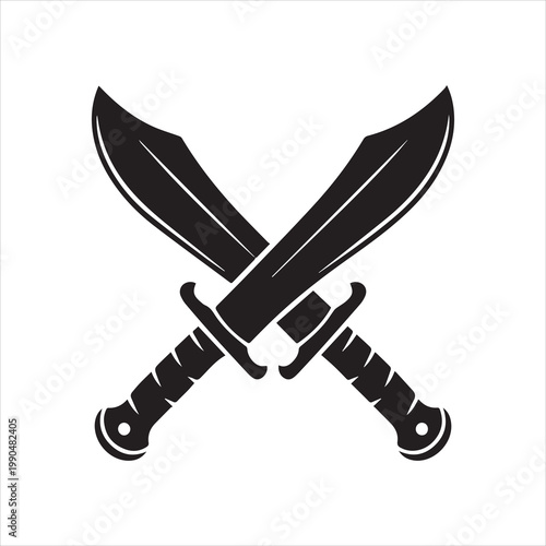 Two curved kukri knives crossed against a plain gray background.eps