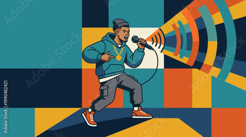 Rapper Performing on Stage with Sound Waves Emanating from Microphone