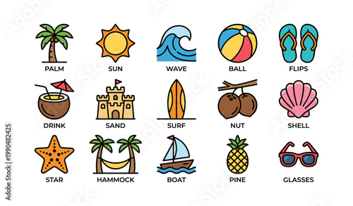 Beach and tropical icons arranged on white grid background
