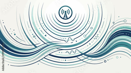 Abstract waves of blue and teal emanating from a broadcast tower, symbolizing wireless communication and signal transmission