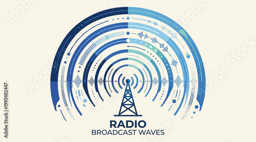Abstract digital radio broadcast waves emanating from a central transmission tower, symbolizing global communication and technological connectivity in a modern blue design