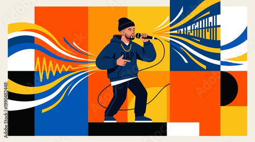 Illustration of a rapper performing live on stage, surrounded by vibrant abstract sound waves and geometric shapes, representing the energy of music and performance
