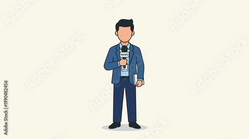 An illustrative depiction of a confident male reporter character, holding a microphone, ready to broadcast news or conduct a professional interview