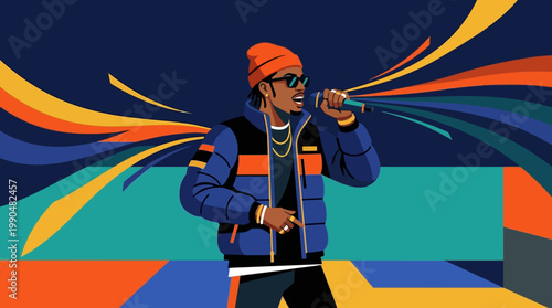Vibrant illustration of a stylish male rapper passionately singing into a microphone, with expressive sound graphics enhancing the lively musical atmosphere