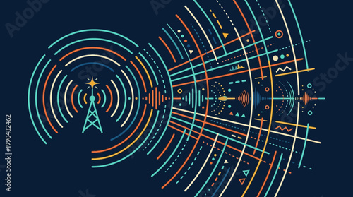 Abstract representation of radio waves emanating from a broadcast tower, symbolizing communication and signal transmission