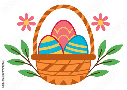 A round orange Easter basket filled with three striped eggs decorated with two pink flowers at the top and leafy branches at the base.