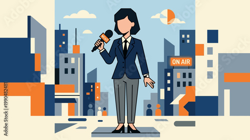 News reporter broadcasting live on a city street in front of buildings and a sky with clouds