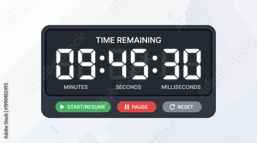 Digital countdown timer displaying 094530 with start, pause, and reset buttons, perfect for event management and timekeeping