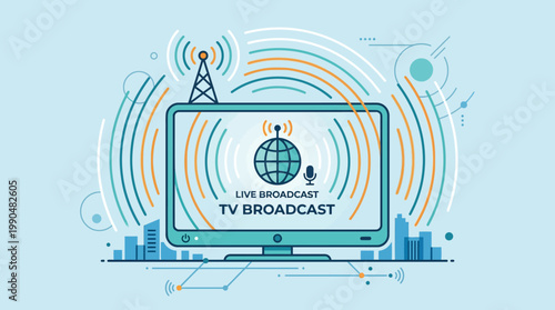 Digital TV broadcast concept with live streaming on screen, featuring antenna signals, a microphone, and urban backdrop, representing media technology