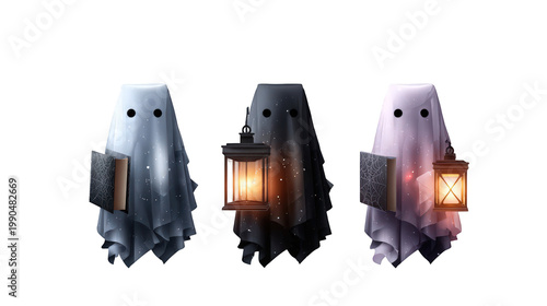 Three whimsical ghost characters holding lanterns and books, set against a transparent background