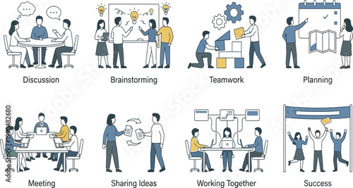 Illustrations of various collaborative work and brainstorming techniques in a team setting Vector