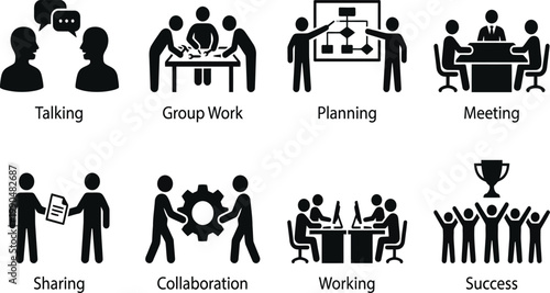 Essential elements of teamwork and collaborative activities depicted through icons Vector