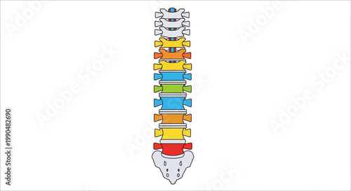 Colorful anatomical illustration of human spine with labeled vertebrae