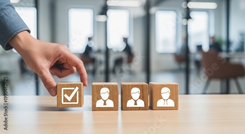 Strategic team selection a hand chooses the right candidate from a group of professionals symbolizing recruitment success
