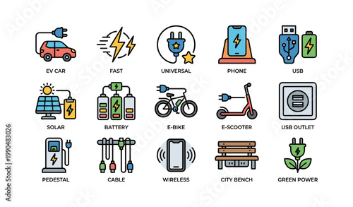 Electric vehicle charging icons set showing urban power symbols