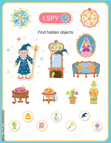 I Spy game for kids. Find hidden magic objects in the wizard's room. Educational activity page for children.  Vector illustration.