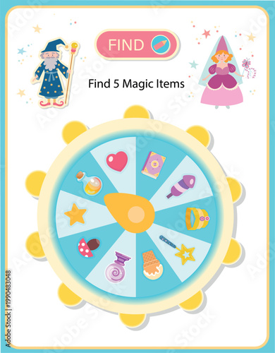 Find 5 magic items game for kids. Educational activity page with wizard and princess. Magic wheel puzzle for children. Vector illustration.