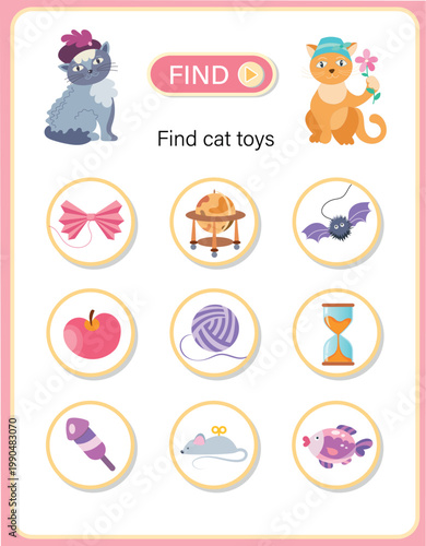 Find cat toys educational game for kids. Cute cartoon cats with balls of yarn and toy mouse. Activity page for children. Vector illustration.