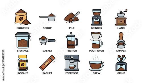 Coffee grounds and brewing equipment icons in white background
